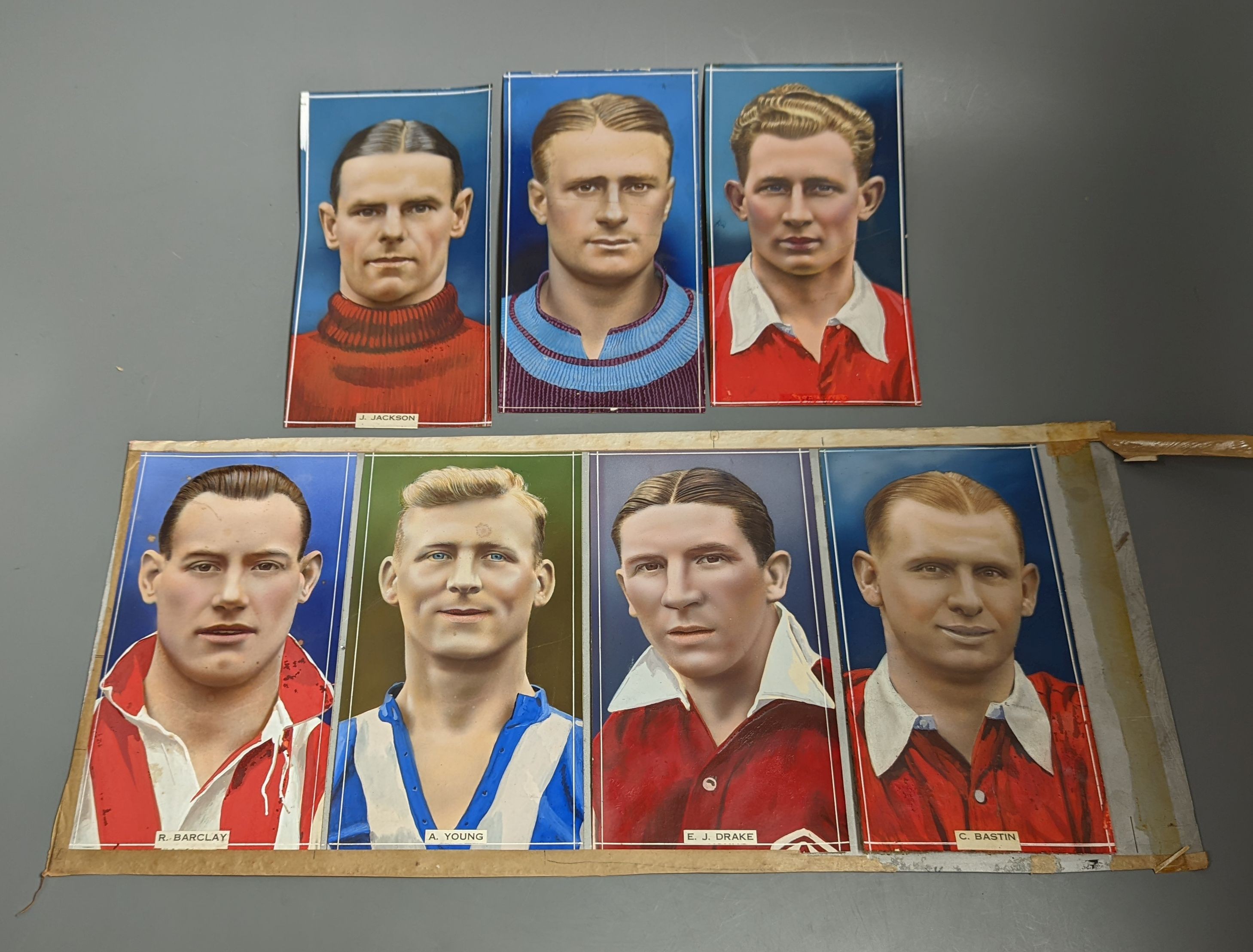 Seven original gouache illustrations of footballers c.1936 for Godfrey Phillips cigarette cards, each 19.5cm x 10.3cm